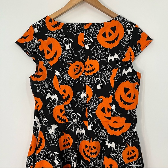 Modcloth XXL Halloween spiderweb pumpkin dress fit 0340 flare black orange plus - Picture 7 of 10